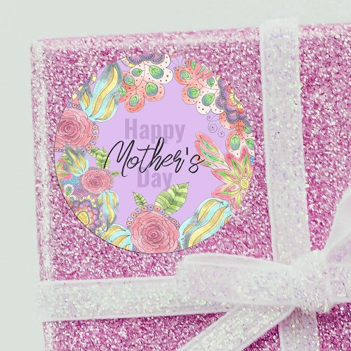 Whimsical Colorful Flowers on Purple Mothers Day Classic Round Sticker