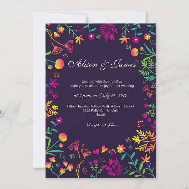 Whimsical colorful  flowers wedding invitation (Front)