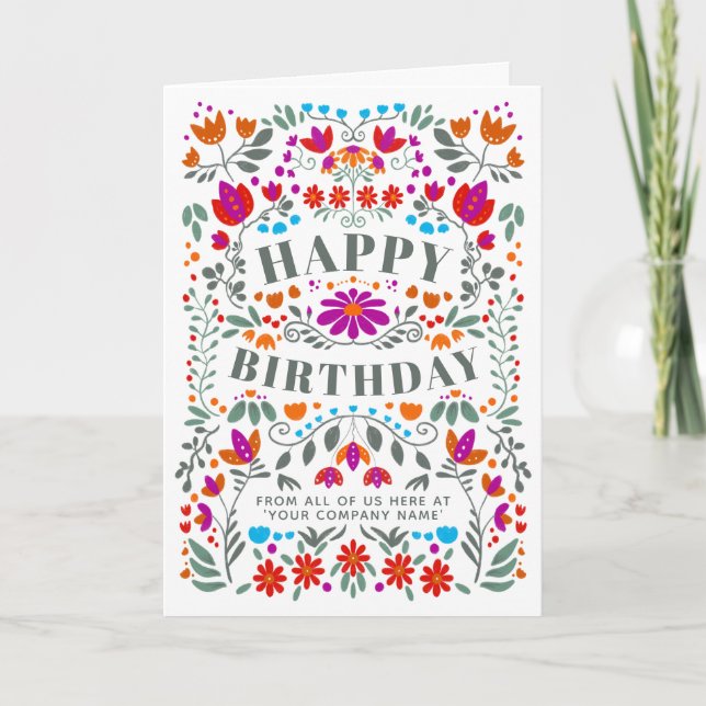 Whimsical Colorful Folk Flowers Business Birthday Card (Front)