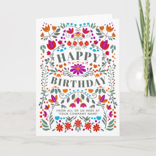 Whimsical Colorful Folk Flowers Business Birthday Card