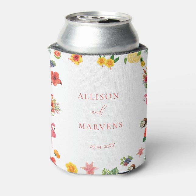 Whimsical Colorful Fun Tropical Flamingle Wedding  Can Cooler (Can Back)