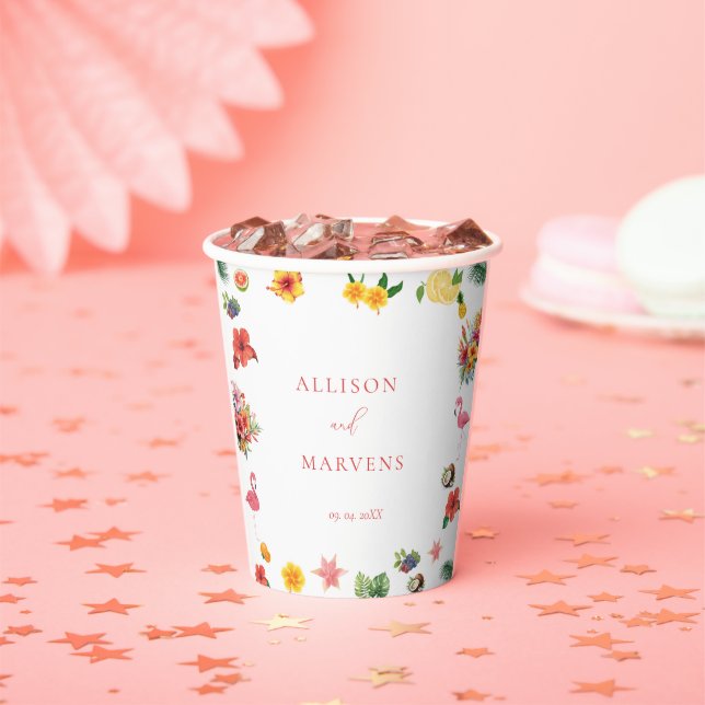 Whimsical Colorful Fun Tropical Flamingle Wedding  Paper Cups (Insitu)