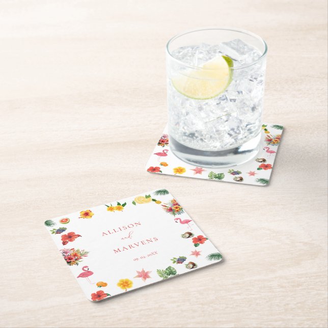 Whimsical Colorful Fun Tropical Flamingle Wedding  Square Paper Coaster (Insitu)