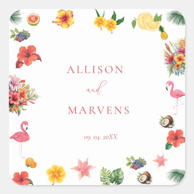 Whimsical Colorful Fun Tropical Flamingle Wedding  Square Sticker (Front)