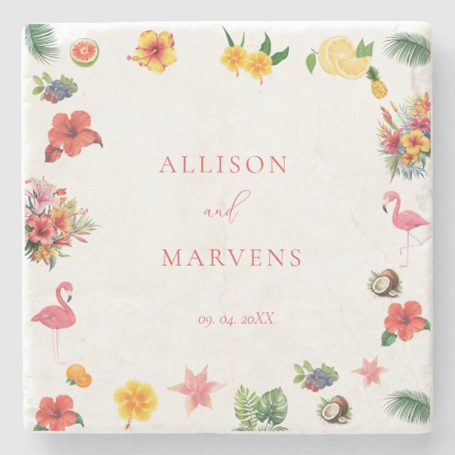 Whimsical Colorful Fun Tropical Flamingle Wedding  Stone Coaster (Front)