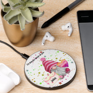 Whimsical Colorful Gnome in Love Wireless Charger