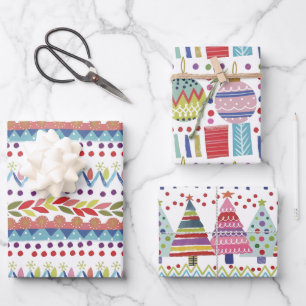 Whimsical Colorful Hand-Painted Christmas Wrapping Paper Sheets