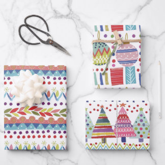 Whimsical Colorful Hand-Painted Christmas Wrapping Paper Sheets