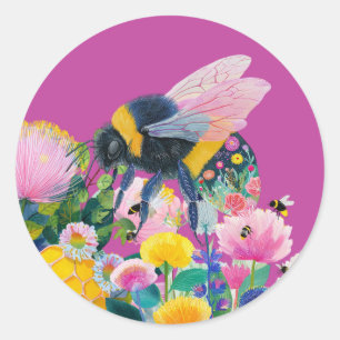Whimsical Colorful Honey Bee Wildflower Classic Round Sticker