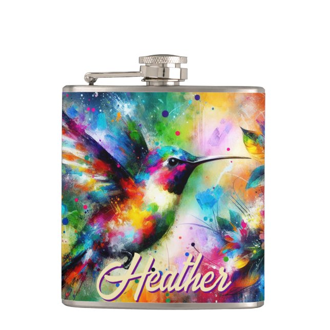 Whimsical Colorful Hummingbird Bird Personalized Flask (Front)