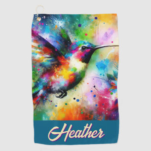 Whimsical Colorful Hummingbird Bird Personalized Golf Towel