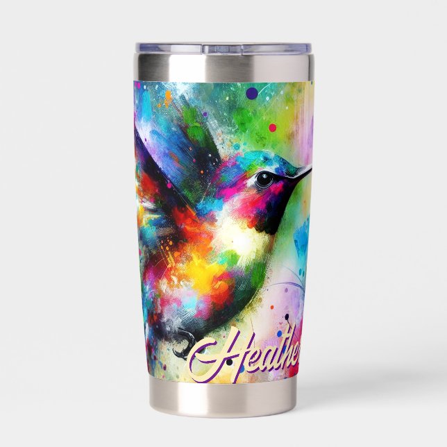 Whimsical Colorful Hummingbird Bird Personalized Insulated Tumbler (Back)