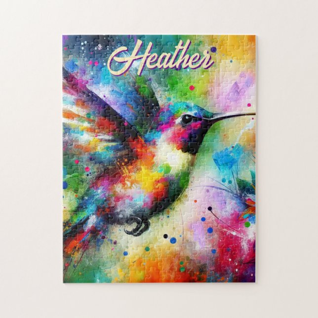 Whimsical Colorful Hummingbird Bird Personalized Jigsaw Puzzle (Vertical)