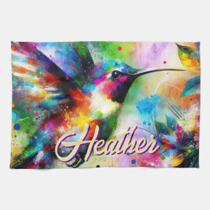 Whimsical Colorful Hummingbird Bird Personalized Kitchen Towel