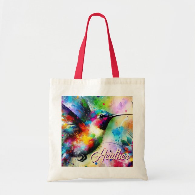 Whimsical Colorful Hummingbird Bird Personalized Tote Bag (Front)