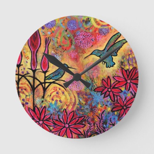 Whimsical Colorful Hummingbird Fantasy Round Clock