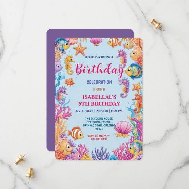 whimsical colorful Jellyfish seahorse birthday Save The Date (Front/Back In Situ)