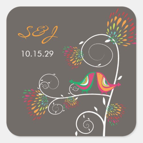 Whimsical Colorful Kissing Summer Birds Wedding Square Sticker