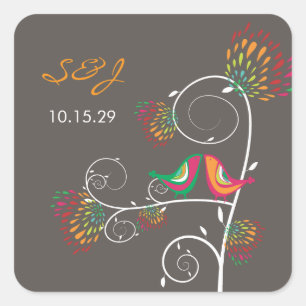 Whimsical Colorful Kissing Summer Birds Wedding Square Sticker