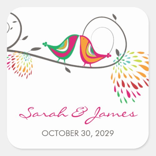 Whimsical Colorful Kissing Summer Birds Wedding Square Sticker
