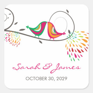 Whimsical Colorful Kissing Summer Birds Wedding Square Sticker