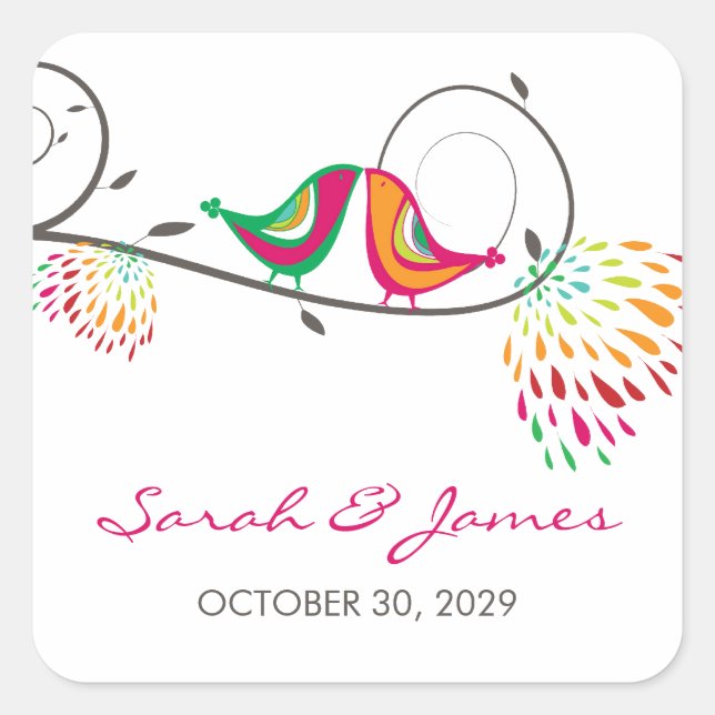 Whimsical Colorful Kissing Summer Birds Wedding Square Sticker (Front)
