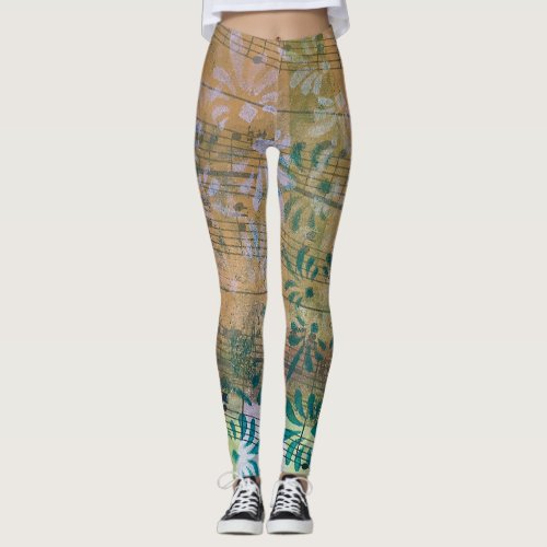 Whimsical Colorful Layered Painted Sheet Music Leggings