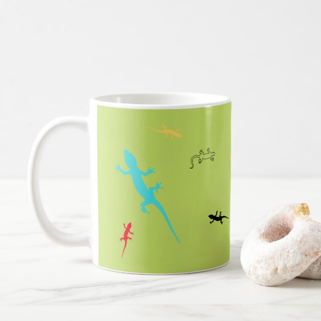 Whimsical Colorful Lizards Green Coffee Cup  (With Donut)