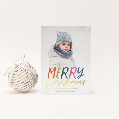Whimsical Colorful Merry Christmas Full Photo Foil Holiday Card