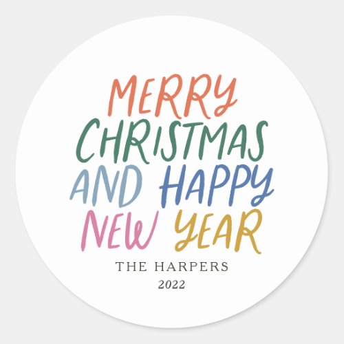 Whimsical Colorful Merry Christmas Happy New Year  Classic Round Sticker