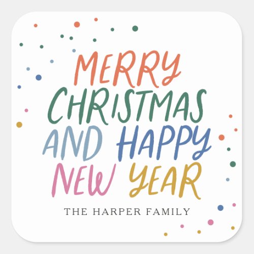 Whimsical Colorful Merry Christmas Happy New Year Square Sticker