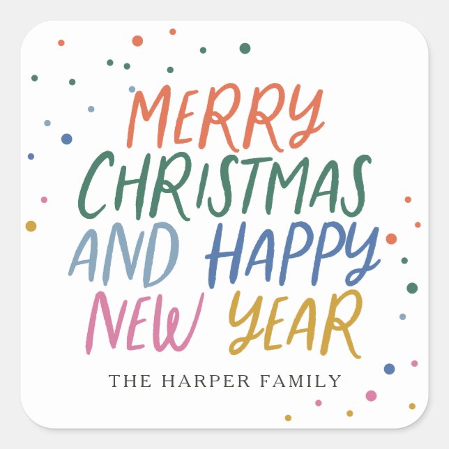 Whimsical Colorful Merry Christmas Happy New Year Square Sticker (Front)