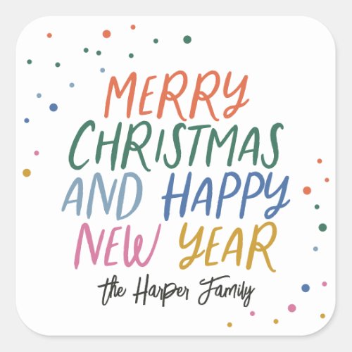 Whimsical Colorful Merry Christmas Happy New Year  Square Sticker