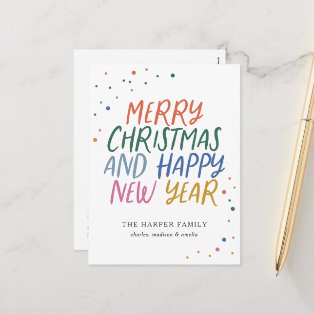 Whimsical Colorful Merry Christmas New Year Dots Holiday Postcard (Front/Back In Situ)