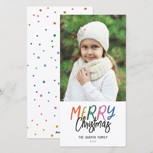 Whimsical Colorful Merry Christmas Photo Holiday Card (Front/Back)