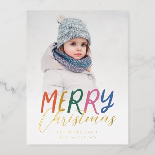 Whimsical Colorful Merry Full Photo Bright Letters Foil Holiday Postcard