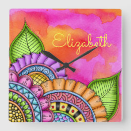 Whimsical Colorful Modern Floral Watercolor Square Wall Clock