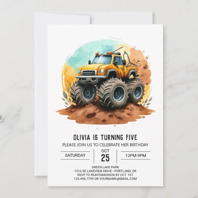 Whimsical Colorful Monster Truck Birthday Invitation (Front)