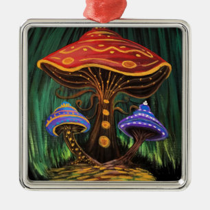 Whimsical Colorful Mushroom Cottagecore Magic Metal Ornament