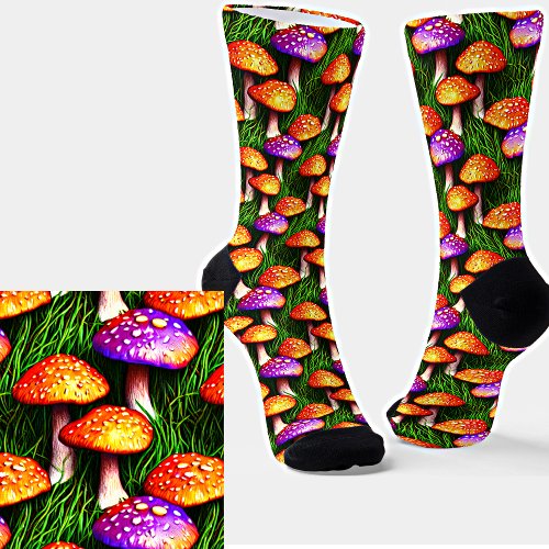 Whimsical Colorful Mushrooms Purple Orange Green   Socks