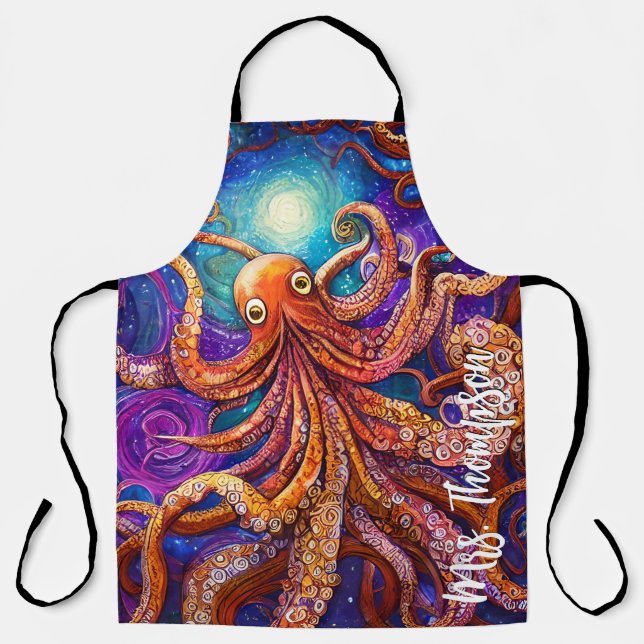 Whimsical Colorful Octopus with Personalized Name Apron (Front)