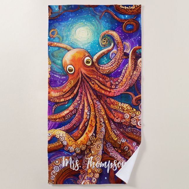Whimsical Colorful Octopus with Personalized Name Beach Towel (Front)