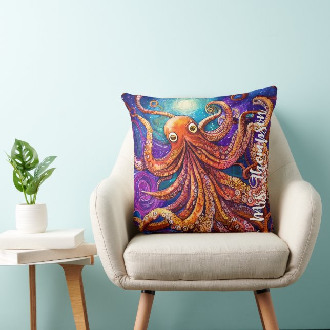 Whimsical Colorful Octopus with Personalized Name Throw Pillow (Chair)