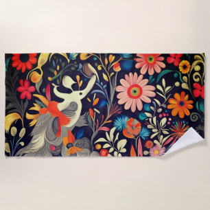 Whimsical Colorful Otomi Pattern Beach Towel