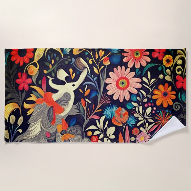 Whimsical Colorful Otomi Pattern Beach Towel (Front)