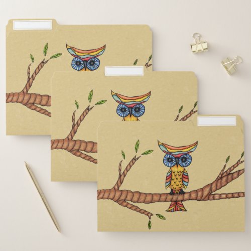 Whimsical Colorful Owl blue Eyes Tree Branch Tan File Folder