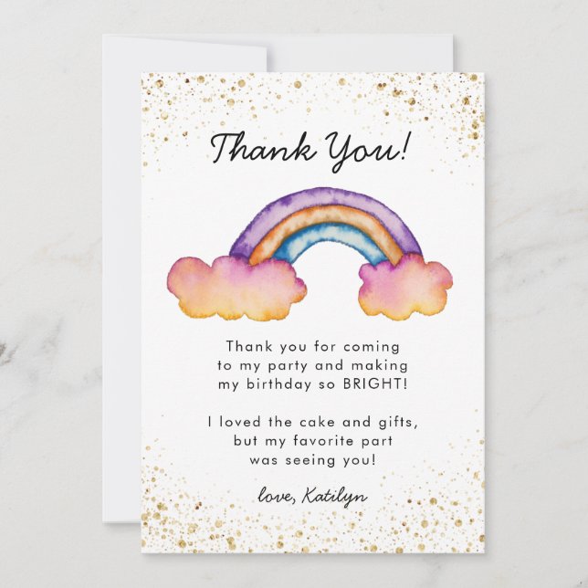 Whimsical Colorful Rainbow Birthday Thank You Card (Front)