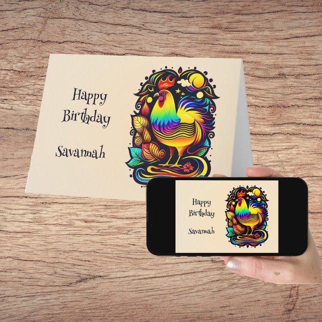 Whimsical Colorful Rooster Cartoon Birthday Card (Creator Uploaded)