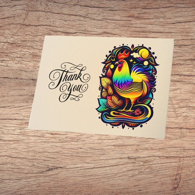 Whimsical Colorful Rooster Cartoon Thank You Card (Creator Uploaded)