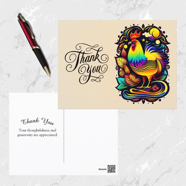 Whimsical Colorful Rooster Cartoon Thank You Postcard (Creator Uploaded)